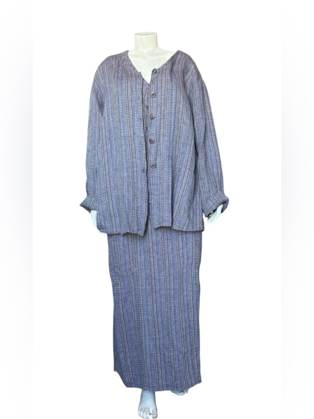 Flax Linen 3 Piece Skirt Set Button Front Jacket Sleeveless Top & Maxi Skirt XL